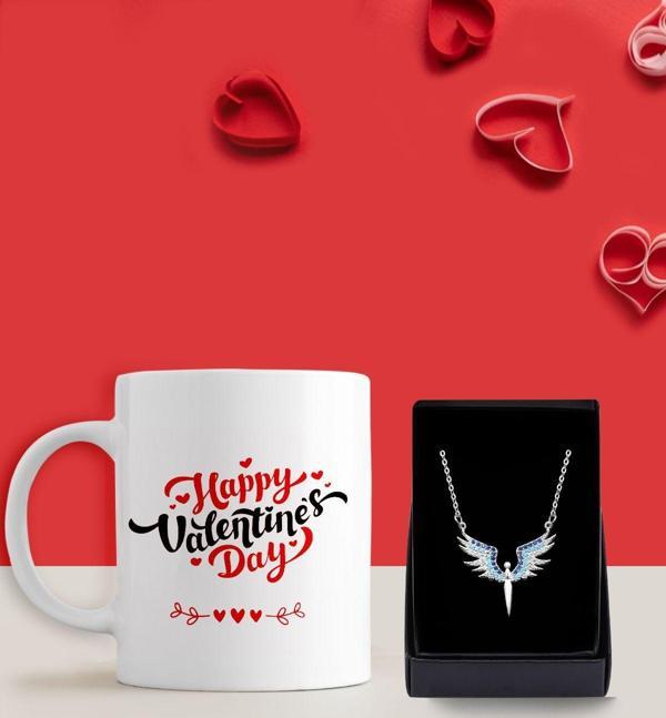 Trendmiya Love Tasarımlı Kupa & Mavi Taşlı Mikail Melek Kolye Hediye Seti - Image 1