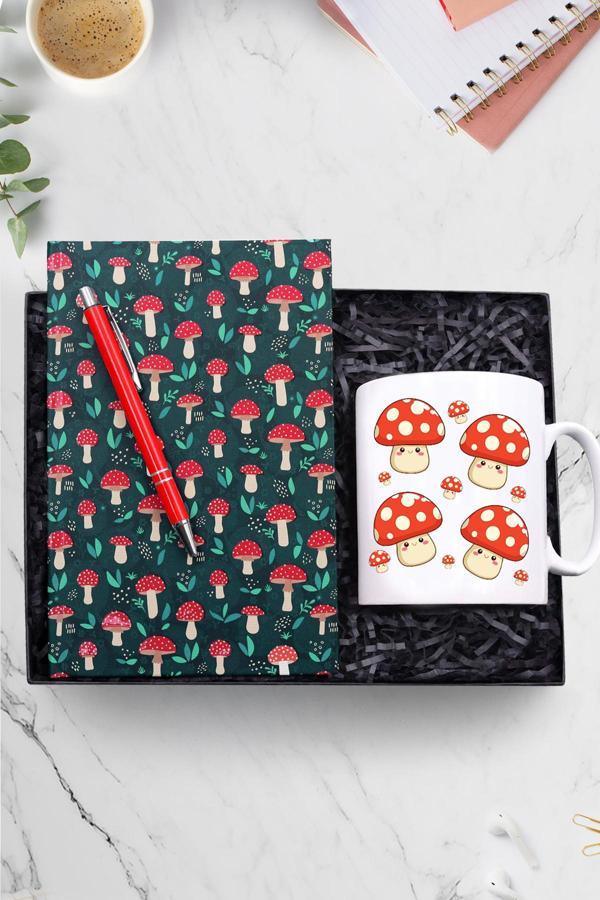 Trendmiya Mantar Desenli Defter & Mantar Baskılı Kupa & Gümüş Renk Detaylı Kırmızı Tükenmez Kalem Hediye Seti - Image 1