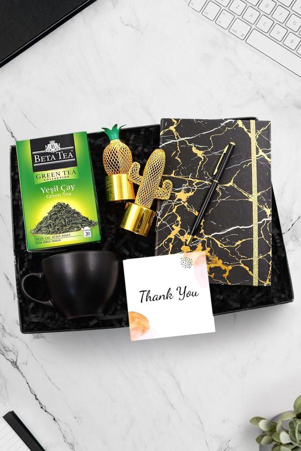 Trendmiya Mermer Defter-Gold Siyah Tükenmez Kalem-Beta Tea Çay-Siyah Kupa-Kaktüs Ananas Led Lamba Hediye Seti - Image 1