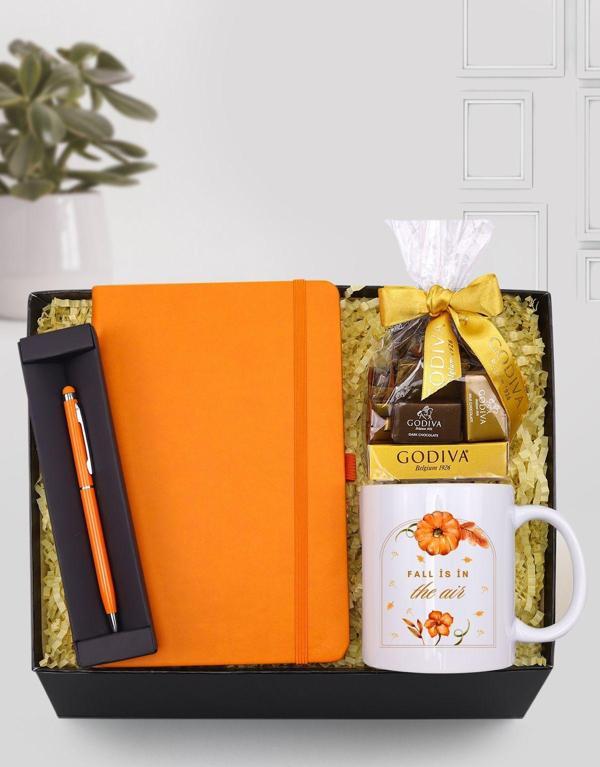Trendmiya Turuncu Touch Pen & Adet Çelenk Kupa & Turuncu Defter & Godiva Napoliten Çikolata Hediye Seti - Image 1