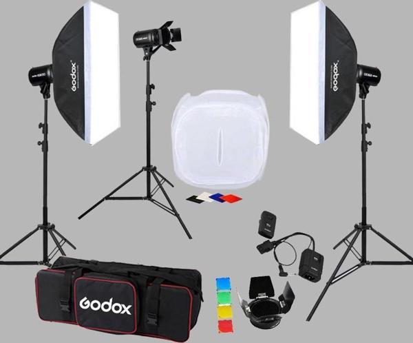 Godox E250 3'lü Paraflaş Set + Çekim Çadırı 120x120 cm - Image 1
