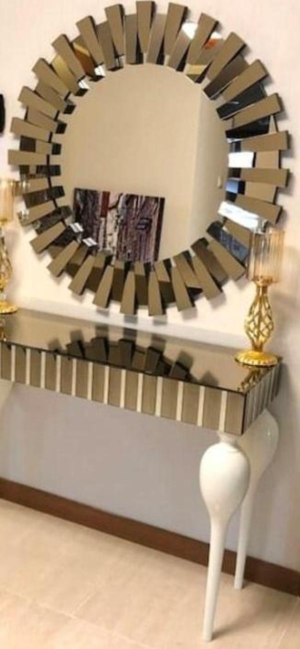 Dresuar 12389 GÜNEŞ Model Kayın TOMBUL Parlak Beyaz ayak Yuvarlak ayna El yapım - Image 1