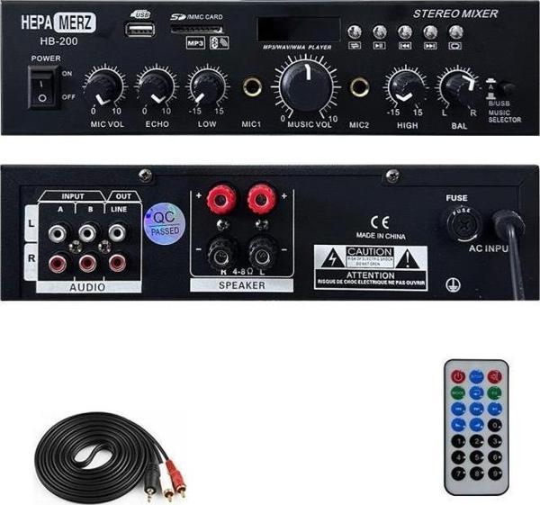 Hepa Merz HB-200 Stereo Mixer Amfi 4-8 Ohm 2 Çıkışlı 2x100W Amfi Bluetooth Usb - Image 1
