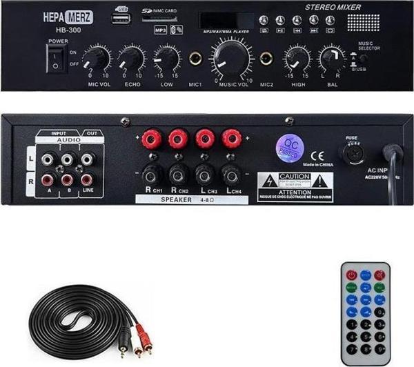 Hepa Merz HB-300 Stereo Mixer Amfi 4-8 Ohm 2 Çıkışlı 2x150W Amfi Bluetooth Usb - Image 1