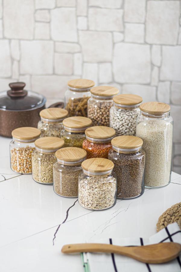 9 Lu Set Bambu Kapaklı Cam Kavanoz & Erzak Saklama Kabı 3 X (1.3 LT 0.80 LT 0.50  LT ( Vakum Kapak ) - Image 1