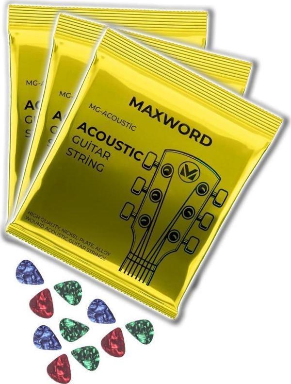 Maxword GT-Acoustic-3X Kaliteli Akustik Gitar Teli 3 Takım Set (10 Pena Hediye) - Image 1