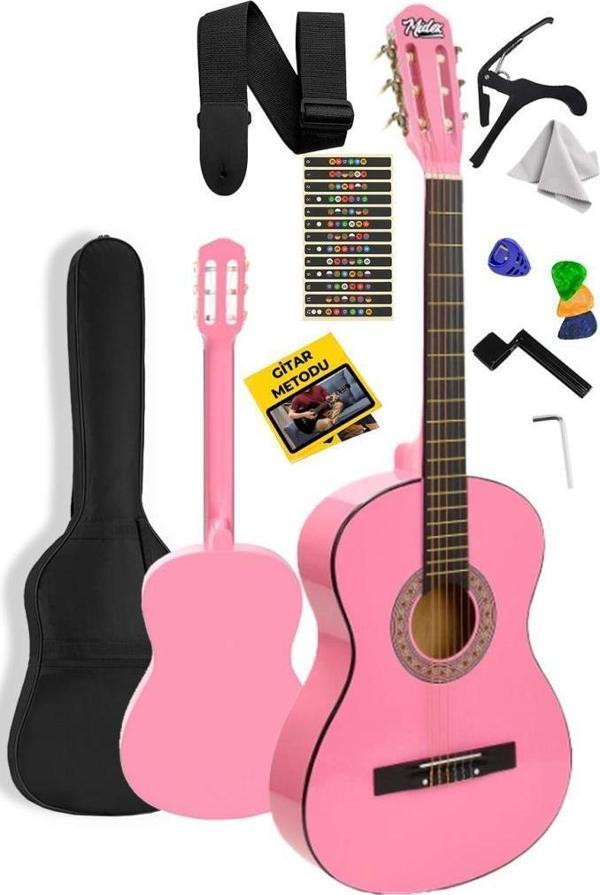Midex CG-270PK Pembe Renk Klasik Gitar 4/4 Yetişkin Boy Sap Ayarlı Full Set - Image 1