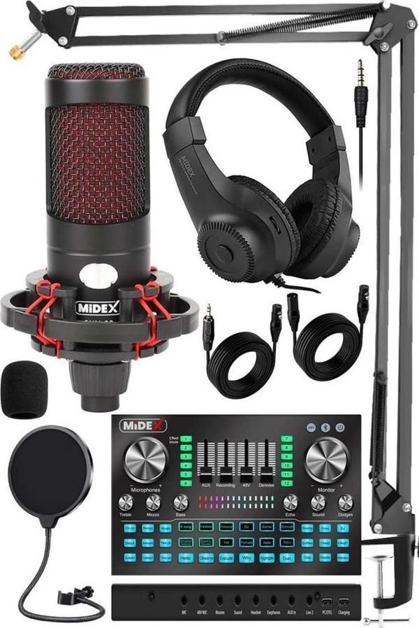 Midex CXN-30 Paket-12 VS20 Ses Kartlı Condenser Mikrofon Stand Kulaklık Seti - Image 1