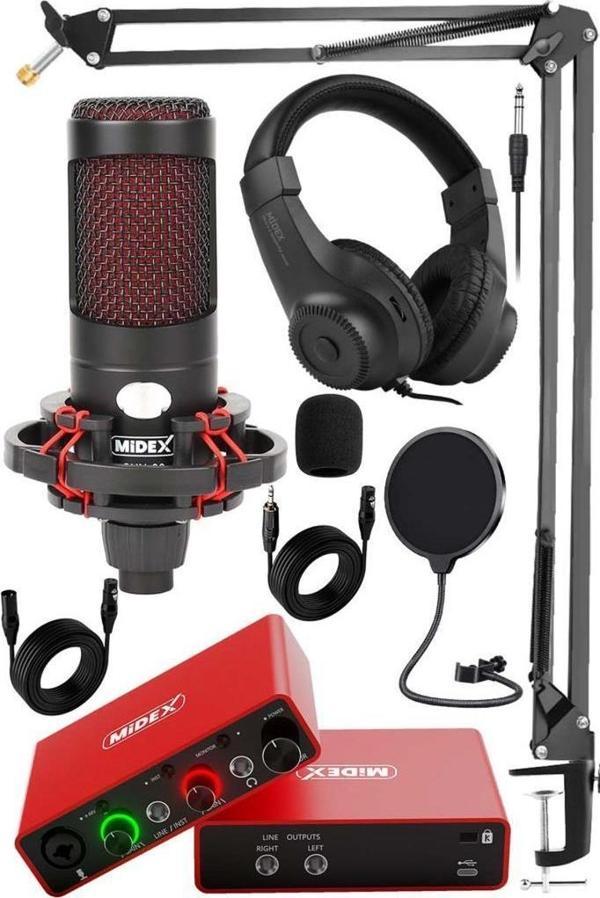 Midex CXN-30 Paket-8 Stüdyo Ses Kartlı Condenser Mikrofon Stand Kulaklık Seti - Image 1