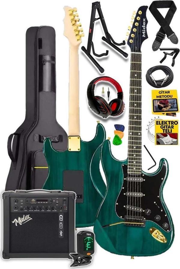 Midex GLC-40GR-AMP Elektro Gitar Seti 25 WATT Şarjlı BT Amfi Kulaklık ve Full SET - Image 1