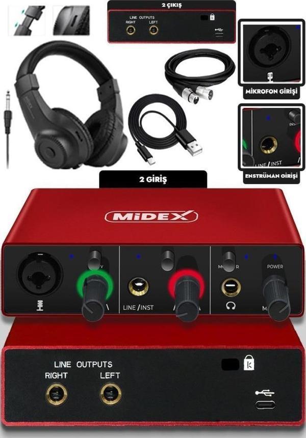 Midex GLX-500 PRO-HD 2 Giriş 2 Çıkış USB Stüdyo Ses Kartı Kulaklık ve XLR Kablo - Image 1