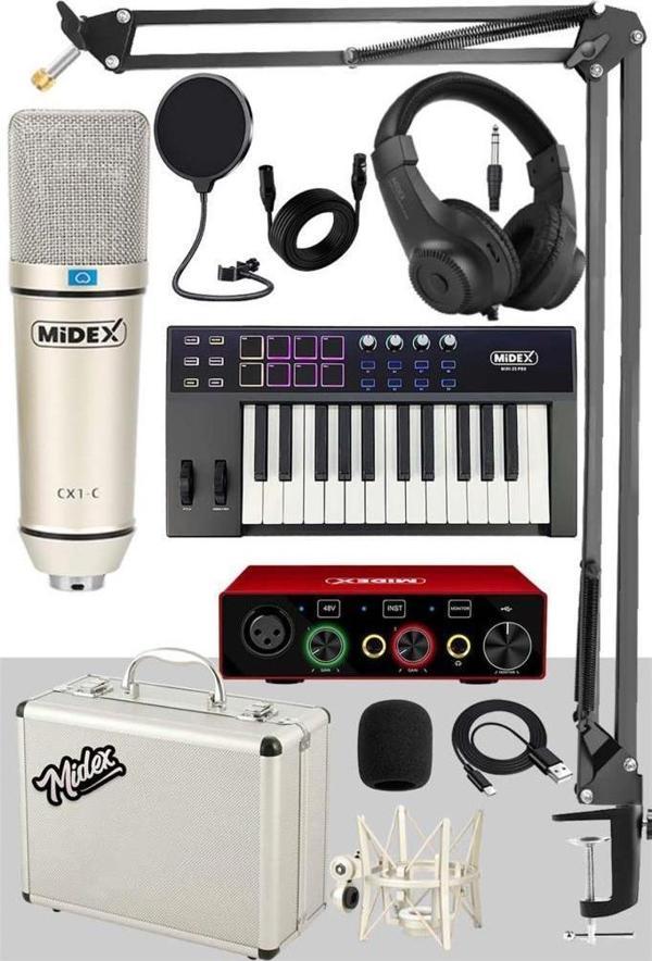 Midex Midi Paket-3 Stüdyo Ekipmanları Seti Ses Kartı Midi Klavye Mikrofon Kulaklık - Image 1