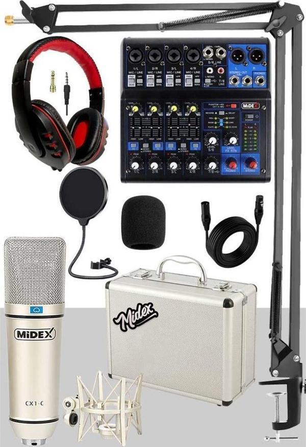 Midex Mix Paket-4 Stüdyo Youtuber Podcast Kayıt Ekipman Seti CX1 Mikrofon MDX-06FXU Mixer - Image 1