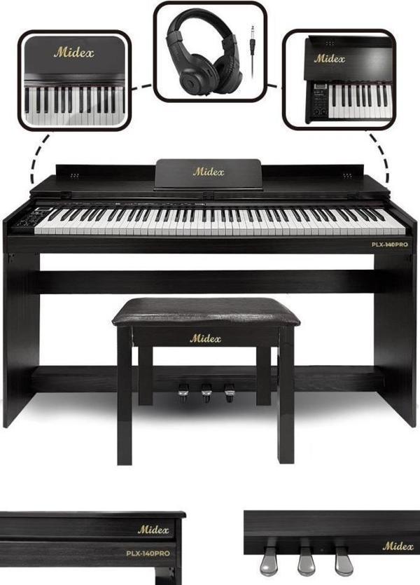 Midex PLX-140 PRO-BK Dijital Piyano Bluetooth Tuş Hassasiyeti 88 Tuşlu Kapaklı (Kulaklık ve Tabure) - Image 1