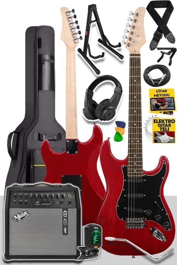 Midex RPH30RD-50AMP Red Elektro Gitar Seti 50 WATT Bluetooth Şarjlı Amfi Kulaklık Full SET - Image 1