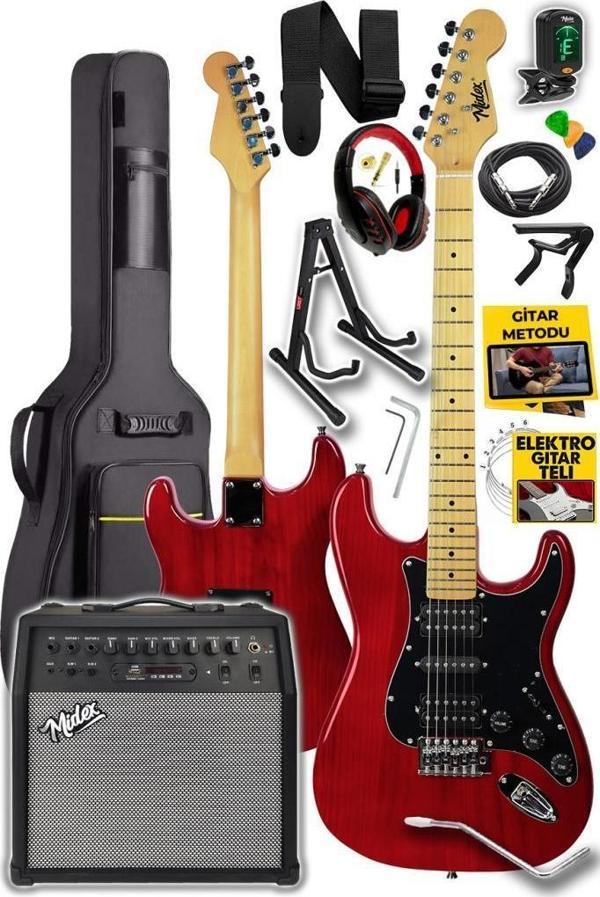 Midex RPH-40RD-50AMP 50W Şarjlı BT Amfili Elektro Gitar Seti HSH Manyetik Maple Klavye - Image 1