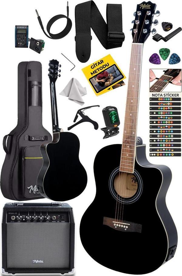 Midex XC-300XBK-AMP Profesyonel AMFİLİ Siyah Elektro Akustik Gitar (Amfi Gigbag Çanta Tuner Capo Askı Jak Kablo Pena) - Image 1