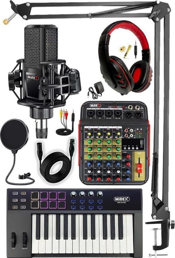 Stüdyo Ekipmanları Midi Live Paket-2 Ses Kartlı Mikser Midi Klavye MX-2020 Mikrofon Kulaklık - Image 1
