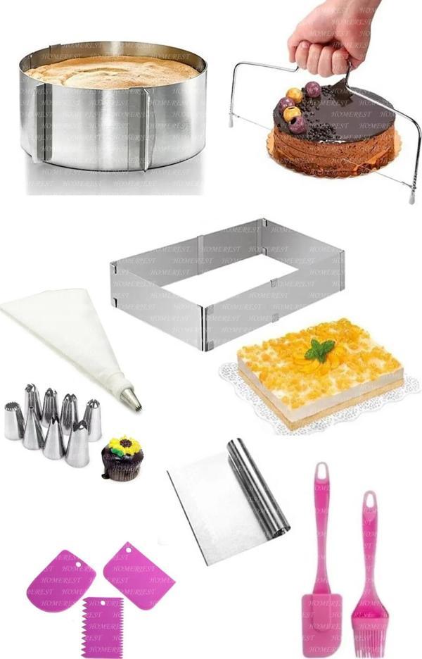 Homerest 10 Adet Pasta Kek Seti, Ayarlanabilir Kalıplar, Kesme Teli, Krema Torbası, Kesici Ve Şekillendirici - Image 1