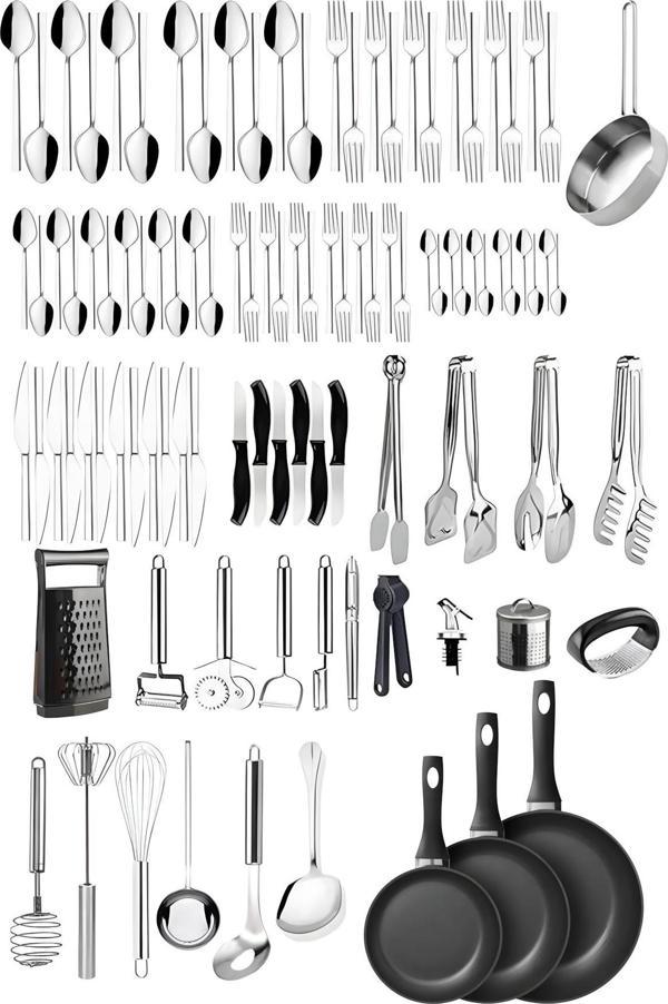 Homerest 102 Parça Çatal Kaşık Bıçak Takımı, Maşa Soyacak Tava Set, 102 Parça Ekonomik Çeyiz Set - Image 1