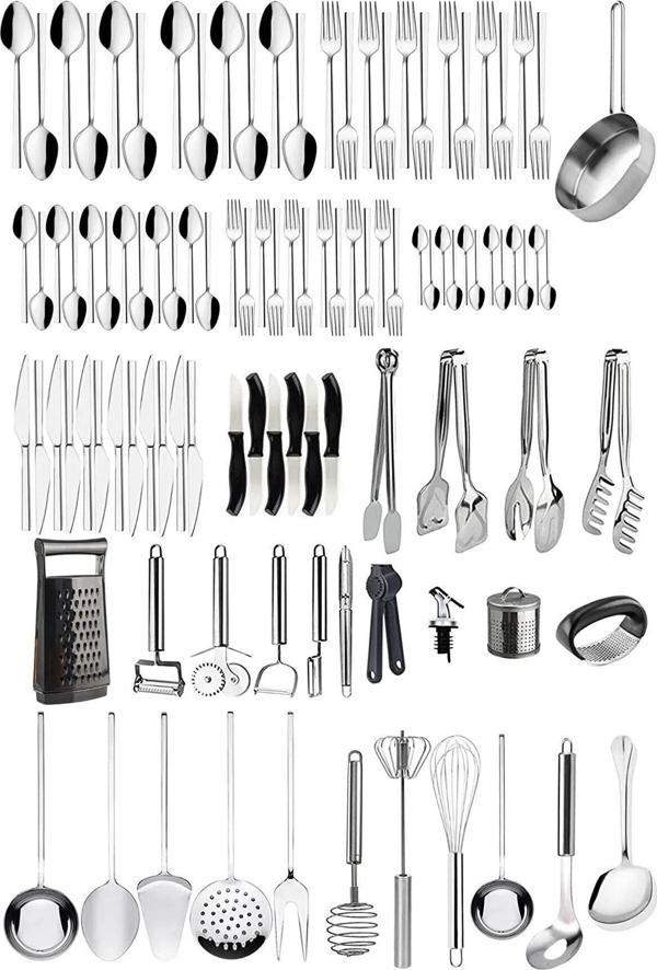 Homerest 104 Parça Çatal Kaşık Bıçak Takımı, 12 Kişilik Sade Model Yemek Takımı, Kepçe Spatula Kevgir Tava - Image 1
