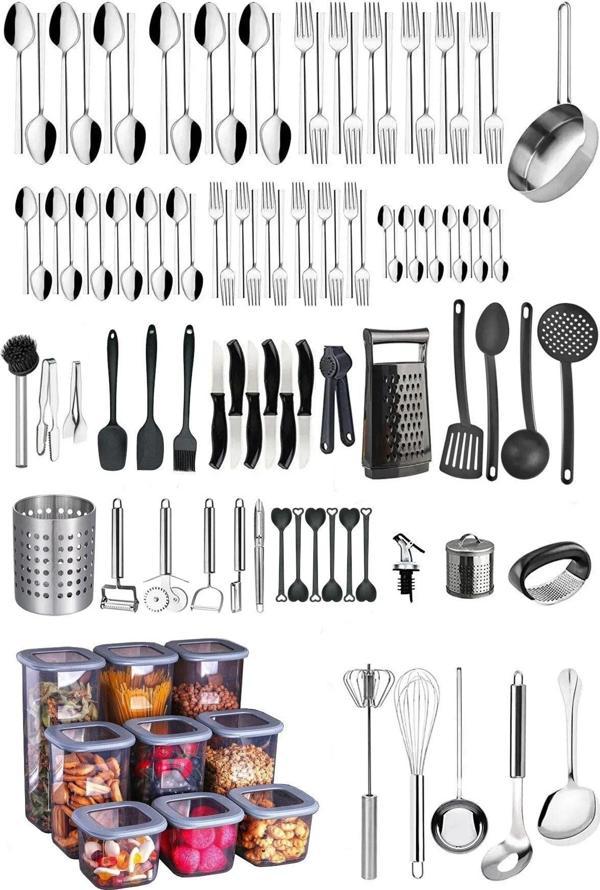Homerest 12 Kişilik Çatal Kaşık Takımı, 108 Parça Erzak Kabı Bakliyat Kabı, Kepçe Seti Çeyiz Seti Soyacak Set - Image 1