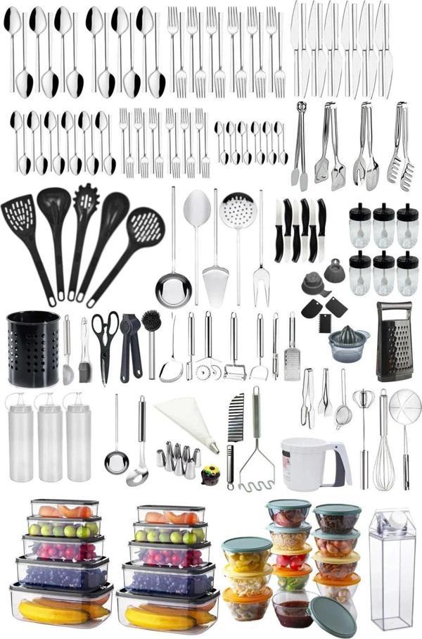 Homerest 156 Adet Modern Mutfak Çeyiz Seti| 72 Parça Çatal Kaşık Takımı| Kepçe Set| Saklama Kabı| Baharatlık - Image 1