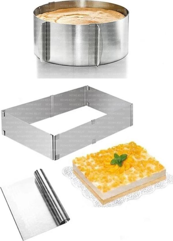 Homerest 3 Parça Ayarlanabilir Kare Pasta Kek Kalıbı, Yuvarlak Pasta Kek Kalıbı, Metal Kazıyıcı - Image 1