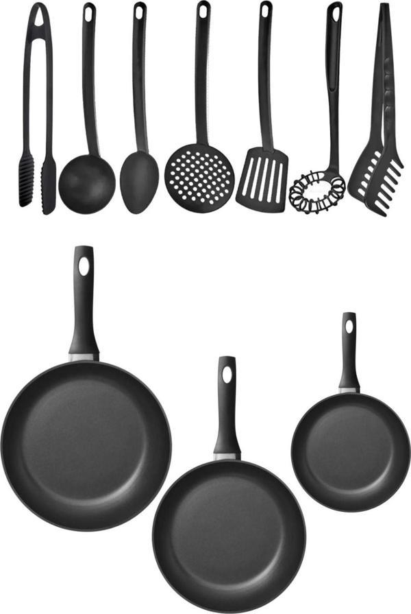 Homerest 3'Lü Yanmaz Yapışmaz Tava Set, 7'Li Teflon Kepçe Kevgir Spatula Maşa Set - Image 1