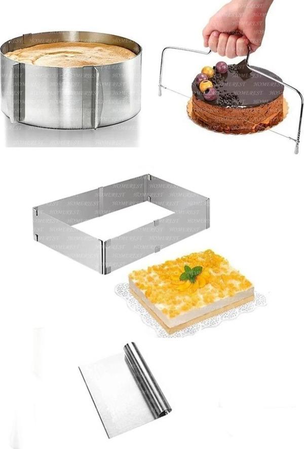 Homerest 4 Parça Kek Pasta Yapma Seti, Ayarlanabilir Yuvarlak Kare Kek Kalıbı, Çelik Kazıyıcı Spatula - Image 1