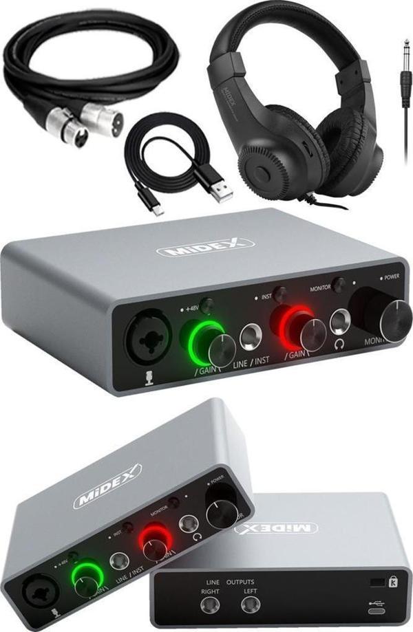 Midex GLX-700GR-H Üst Segment Usb Stüdyo Ses Kartı 2 Giriş 2 Çıkış 24bit/192kHz (Kulaklık ve kablo Dahil) - Image 1