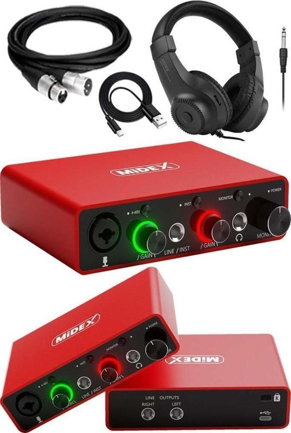 Midex GLX-700RD-H Üst Segment Usb Stüdyo Ses Kartı 2 Giriş 2 Çıkış 24bit/192kHz (Kulaklık ve kablo Dahil) - Image 1