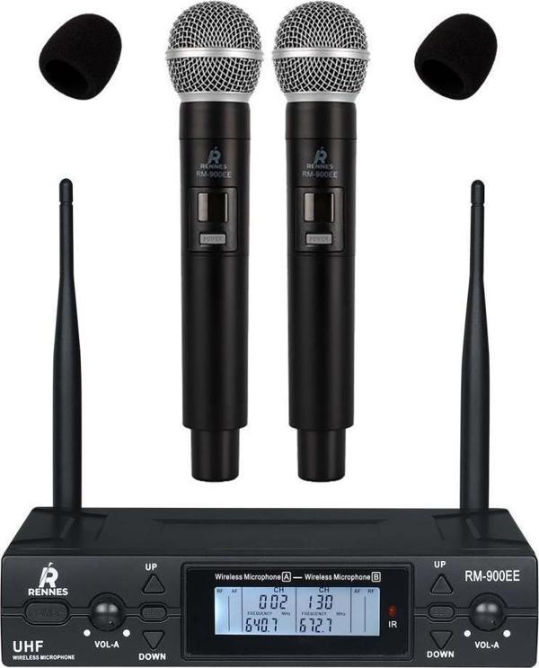 Rennes RM-900EE UHF 2x100 Kanal Çiftli Kablosuz EL Mikrofonu Çift Anten LCD Ekran - Image 1