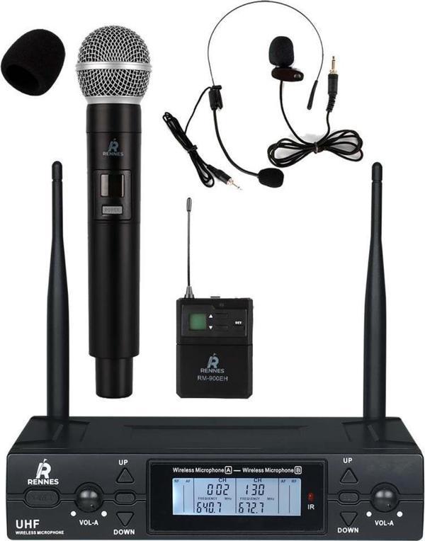 Rennes RM-900EH UHF 2x100 Kanal Çiftli Kablosuz EL Yaka Headset Mikrofonu Çift Anten LCD Ekran - Image 1