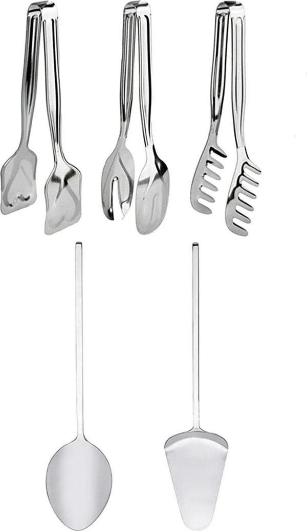 Homerest 5 Adet Paslanmaz Çelik Spatula Kaşık Pasta Makarna Salata Börek Maşası, Servis Sunum Çeyiz Seti - Image 1