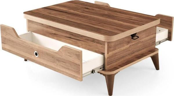 Zerenland 1299 Çift Çekmeceli Akıllı Sehpa, Sihirli Sehpa, Orta Sehpa, Laptop Masası Ceviz - Image 1