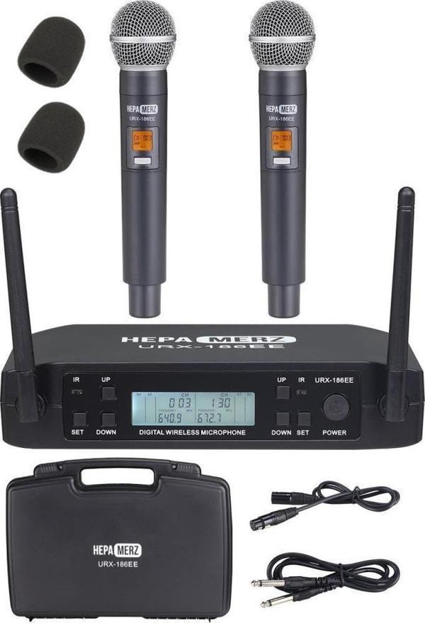 Hepa Merz URX-186EE UHF 2x100 Kanal Çiftli Kablosuz EL Mikrofonu Çift Anten LCD Ekran - Image 1