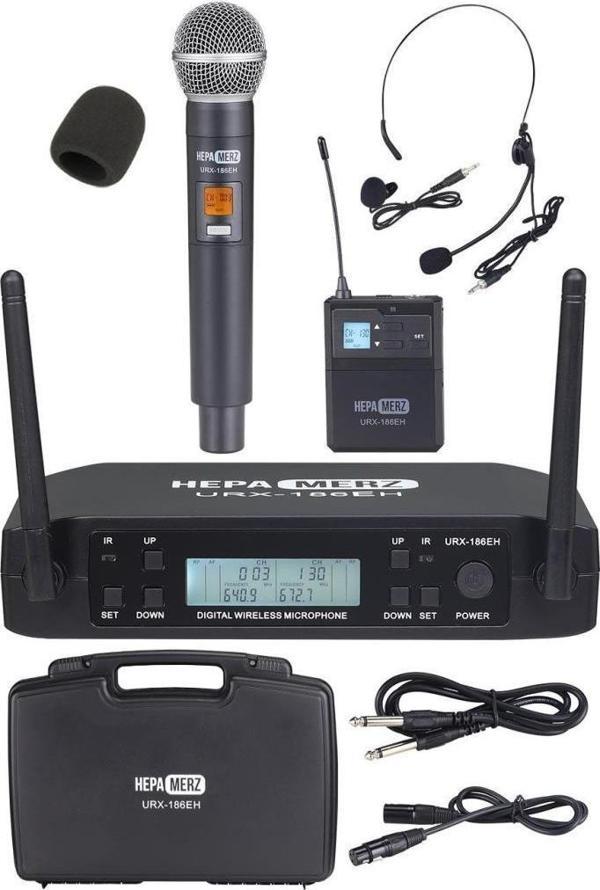Hepa Merz URX-186EH UHF 2x100 Kanal Çiftli Kablosuz EL Yaka Headset Mikrofonu Çift Anten LCD Ekran - Image 1