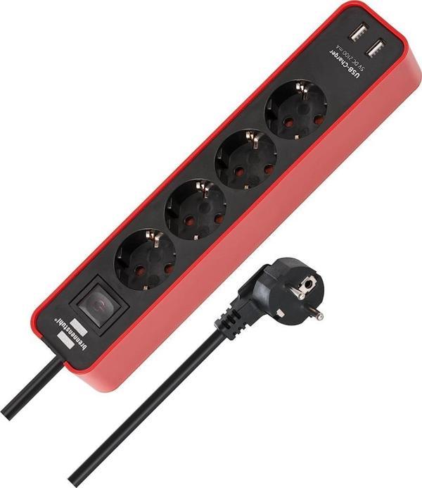 Brennenstuhl 2 X USB Hızlı Şarj Özellikli 4 Soketli Priz Kırmızı - Image 1