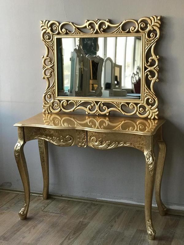 Dresuar 17413 Aslan Ayak Model Kayın TORNA Parlak GOLD Lake ÇEKMECE Ayna Lüx Oyma - Image 1