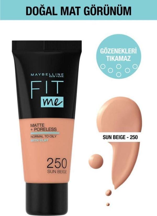 Maybelline New York Fit Me Matte+Poreless Fondöten - 250 Sun Beige - Image 1