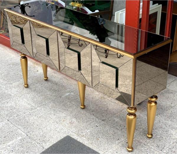 Dresuar-konsol ST KARELİ ÜÇ Boyut Kayın Gold RETRO ayak cam Ayna kaplama El Yapım - Image 1