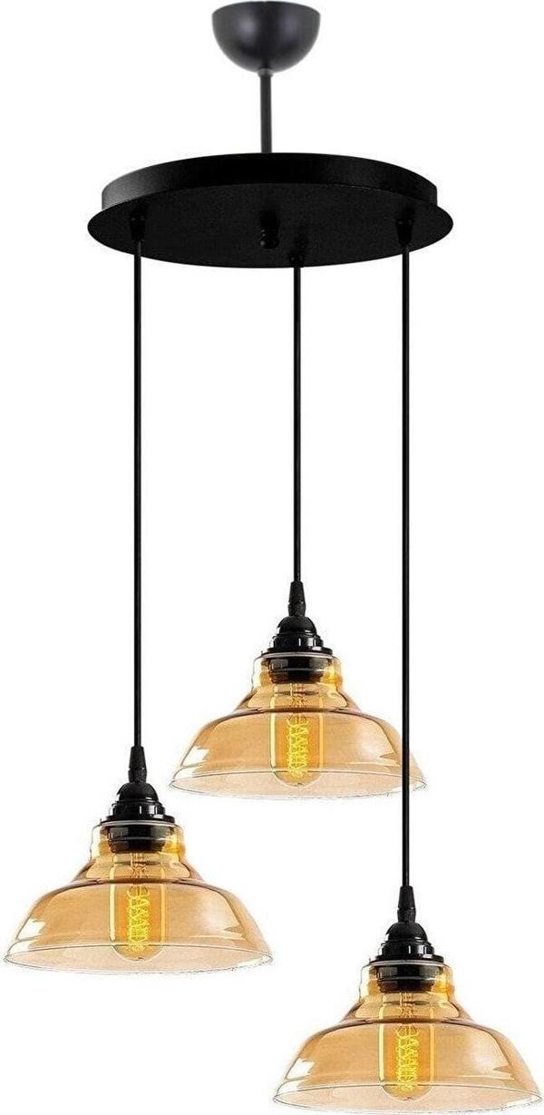 Lambadar Special Model Üçlü Yuvarlak Siyah Modern Bal Camlı Sarkıt Avize - Image 1