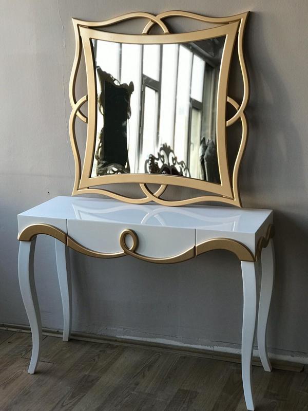Dresuar 18214 TOMBUL AYAK model Kayın Torna MDF Çekm tabla Parlak Gold-beyaz Ayna - Image 1