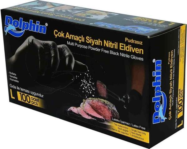 Dolphin Latexsiz Pudrasız Siyah Nitril Gıda Eldiveni (L) 100lü - Image 1