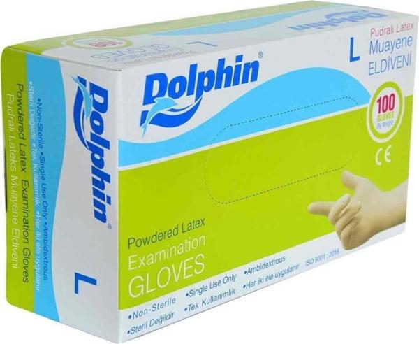 Dolphin Pudralı Latex Muayene Eldiveni Büyük Boy (L) 100Lü Paket - Image 1