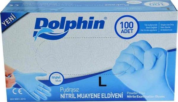 Dolphin Pudrasız Mavi Nitril Eldiven Büyük Boy (L) 100 Adet - Image 1
