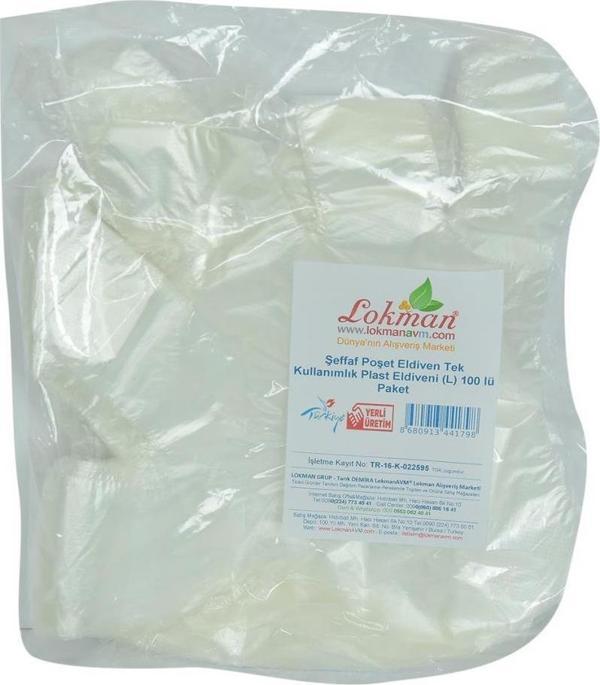 LokmanAVM Şeffaf Poşet Eldiven Tek Kullanımlık Plast Eldiveni (L) 100 lü Paket - Image 1