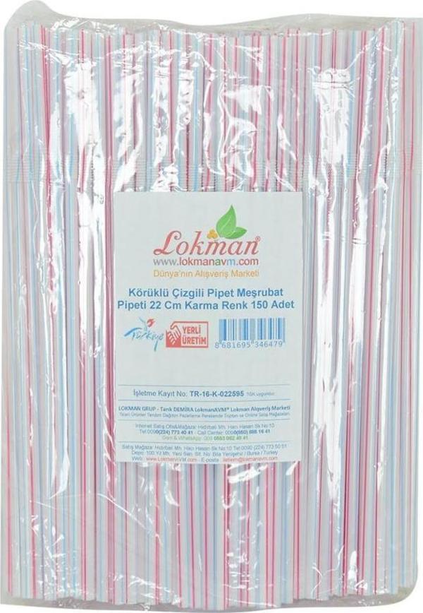 LokmanAVM Körüklü Çizgili Pipet Ayran Kola Meşrubat Pipeti 22 Cm Karma Renk 150 Adet Paket - Image 1