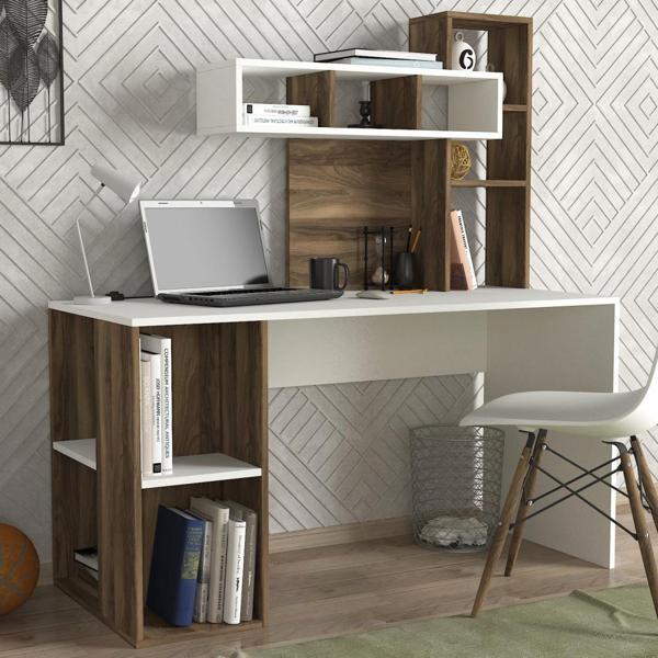 Dekorister Coral Kitaplıklı Çalışma Masası Beyaz-Ceviz - Image 1
